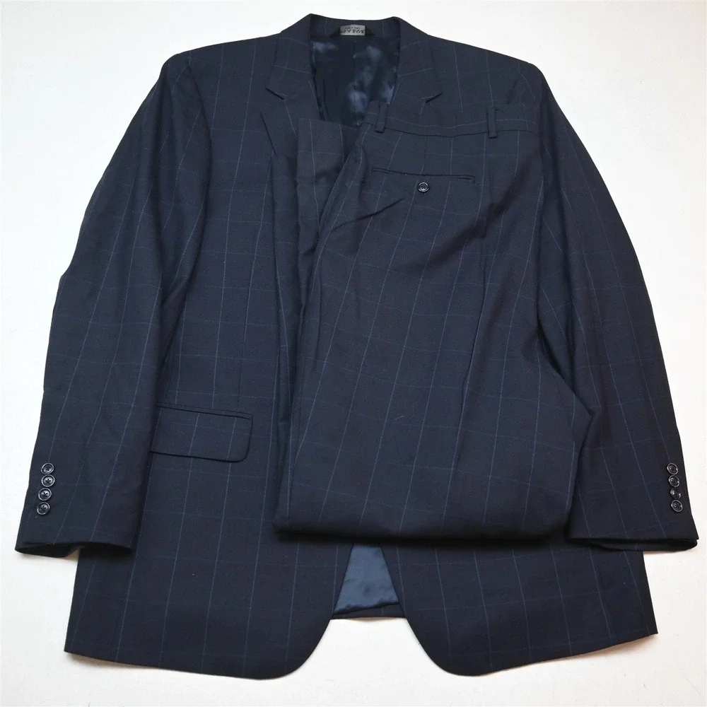 Jos A Bank 43L 38x32 Navy Blue Windowpane 100% Wool Flannel Mens Suit